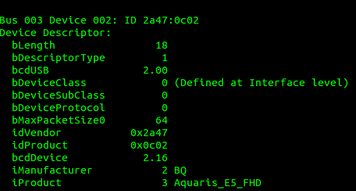 Información del comando lsusb para un Aquaris E5 FHD