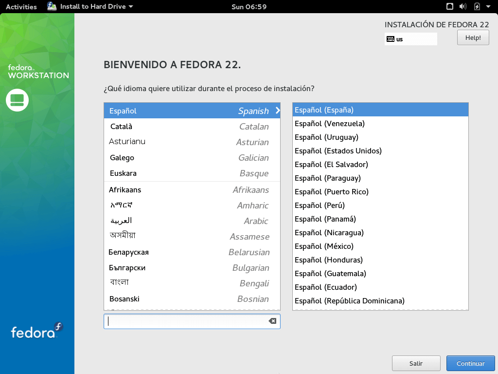 Selección del idioma de la instalación