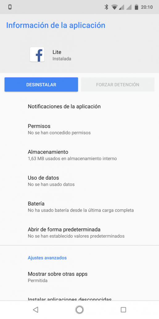 Espacio que ocupa Facebook Lite