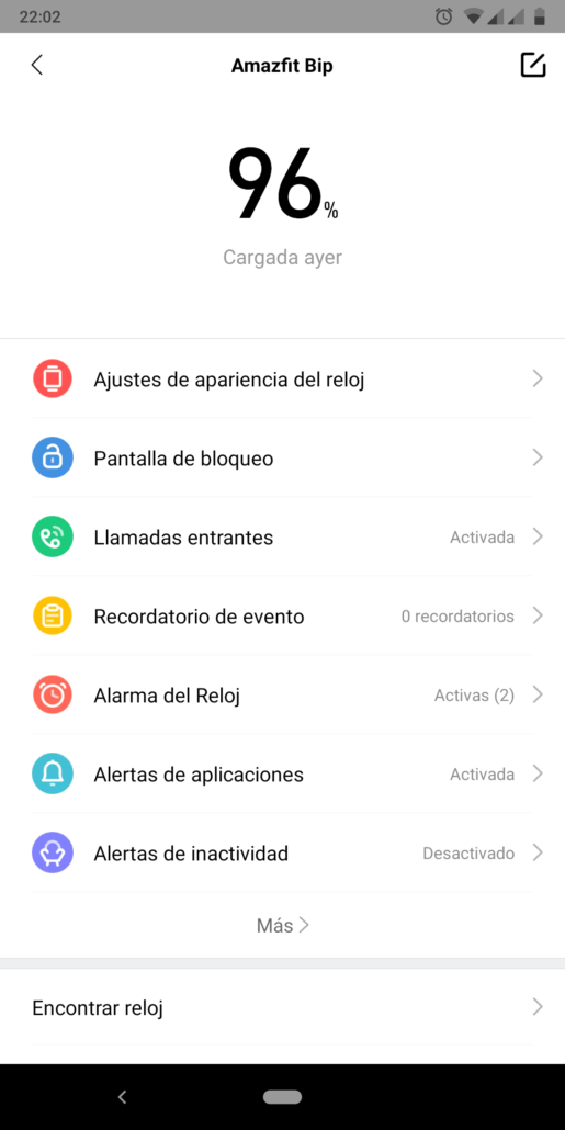 Opciones de configuración del reloj