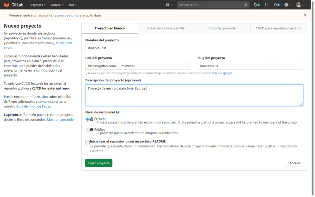 Creación de un proyecto nuevo en GitLab