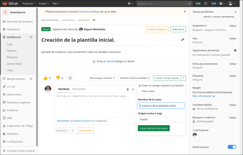 Creación de una rama en GitLab