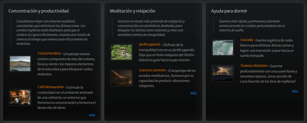 Listado de categorías de MyNoise