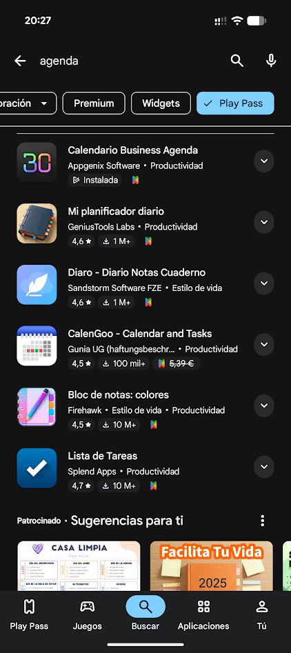 Búsqueda de aplicaciones con el filtro Play Pass